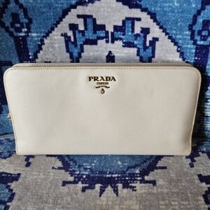 Prada Saffiano Double Snap Travel Wallet Long Classic Neutral Beige Pink